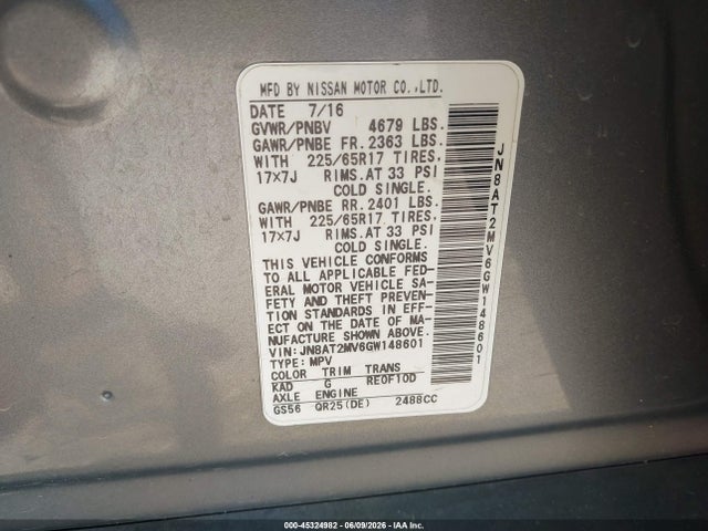 Продажа на аукционе авто 2016 Nissan Rogue S, vin: JN8AT2MV6GW148601, номер лота: 45324982