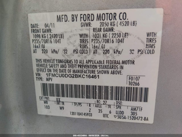 Aukcja sprzedaży 2011 Ford Escape Xlt, vin: 1FMCU0DG2BKC16461, numer aukcji: 45324984