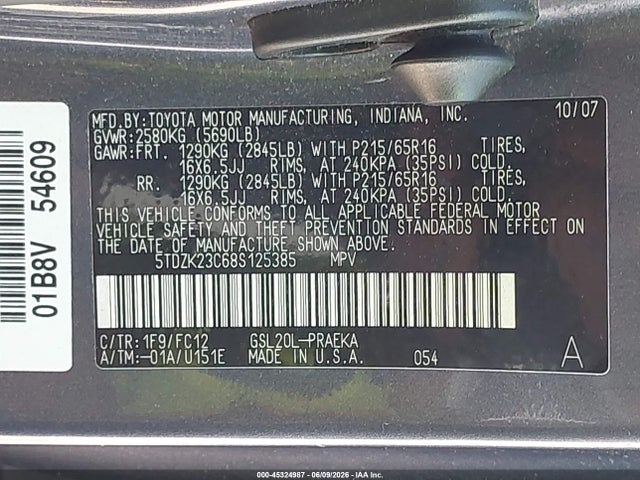 Aukcja sprzedaży 2008 Toyota Sienna Le, vin: 5TDZK23C68S125385, numer aukcji: 45324987