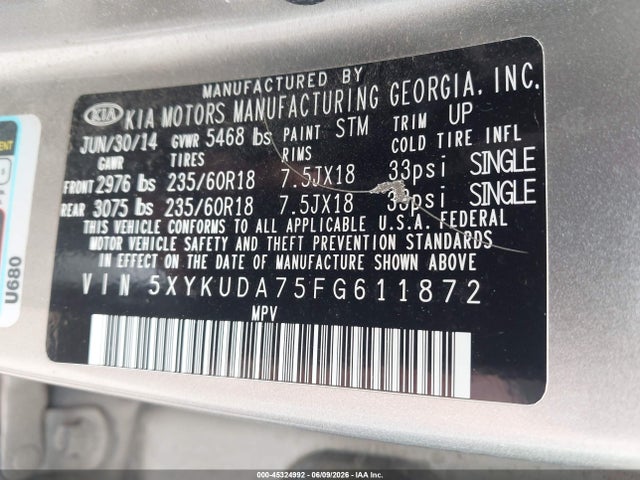 45324992 :رقم المزاد ، 5XYKUDA75FG611872 vin ، 2015 Kia Sorento Ex V6 مزاد بيع
