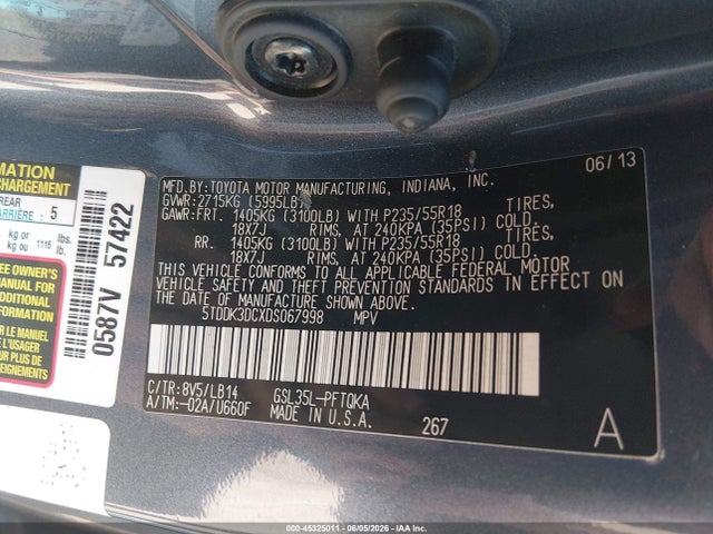 Продажа на аукционе авто 2013 Toyota Sienna Xle 7 Passenger, vin: 5TDDK3DCXDS067998, номер лота: 45325011