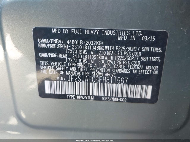 2015 Subaru Forester 2.5i Premium მანქანა იყიდება აუქციონზე, vin: JF2SJAFC6FH811567, აუქციონის ნომერი: 45325042