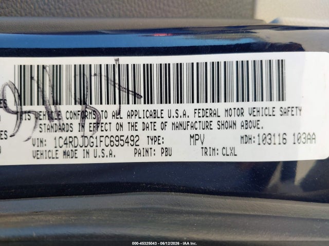 2015 Dodge Durango Limited მანქანა იყიდება აუქციონზე, vin: 1C4RDJDG1FC695492, აუქციონის ნომერი: 45325043