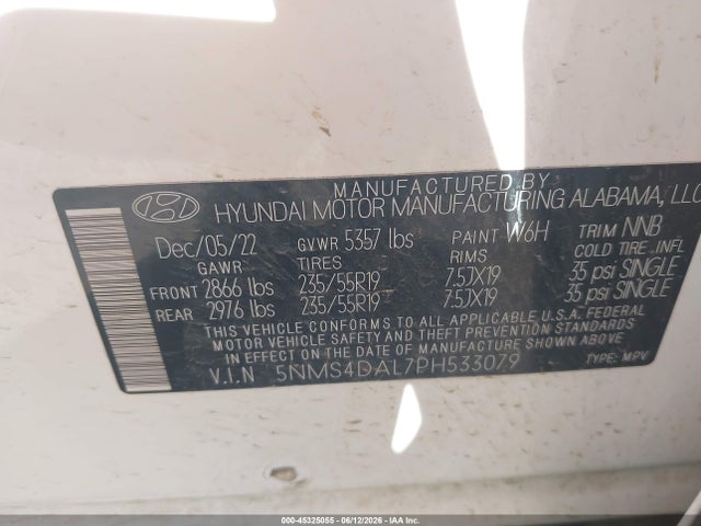 Aukcja sprzedaży 2023 Hyundai Santa Fe Limited, vin: 5NMS4DAL7PH533079, numer aukcji: 45325055