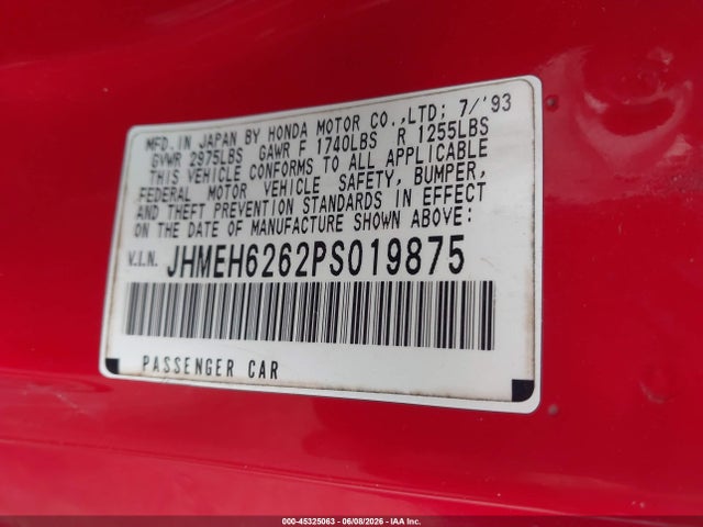 45325063 :رقم المزاد ، JHMEH6262PS019875 vin ، 1993 Honda Civic Del Sol Si مزاد بيع