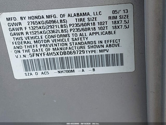 2013 Honda Pilot Ex-l მანქანა იყიდება აუქციონზე, vin: 5FNYF4H5XDB069729, აუქციონის ნომერი: 45325065