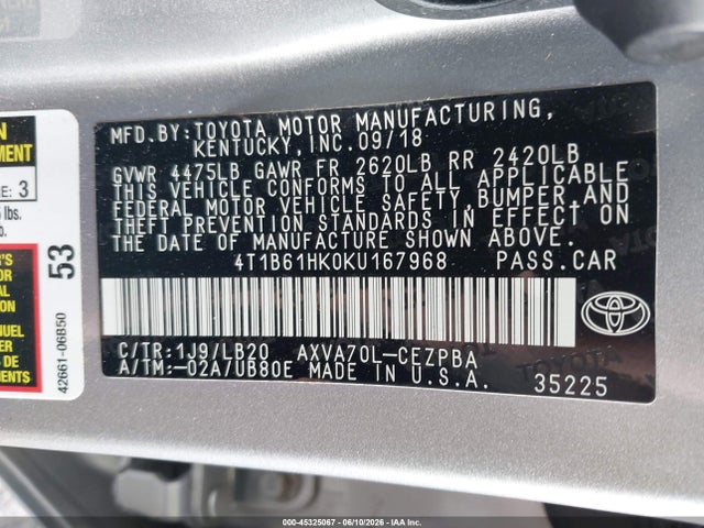 4T1B61HK0KU167968 Toyota CAMRY XSE