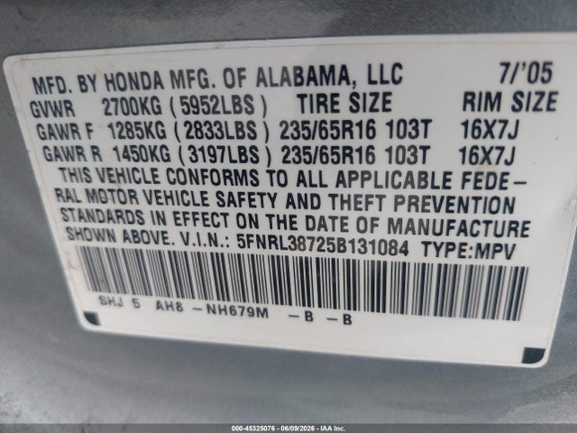 Aukcja sprzedaży 2005 Honda Odyssey Ex-l, vin: 5FNRL38725B131084, numer aukcji: 45325076