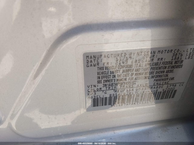 45325080 :رقم المزاد ، 3N1AB7AP8KY455192 vin ، 2019 Nissan Sentra S مزاد بيع