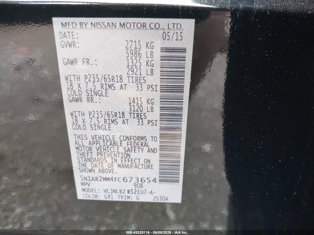 Продаж на аукціоні авто 2015 Nissan Pathfinder S, vin: 5N1AR2MM4FC673654, номер лоту: 45325116