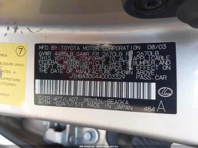 Aukcja sprzedaży 2004 Lexus Es 330, vin: JTHBA30G440003329, numer aukcji: 45325125