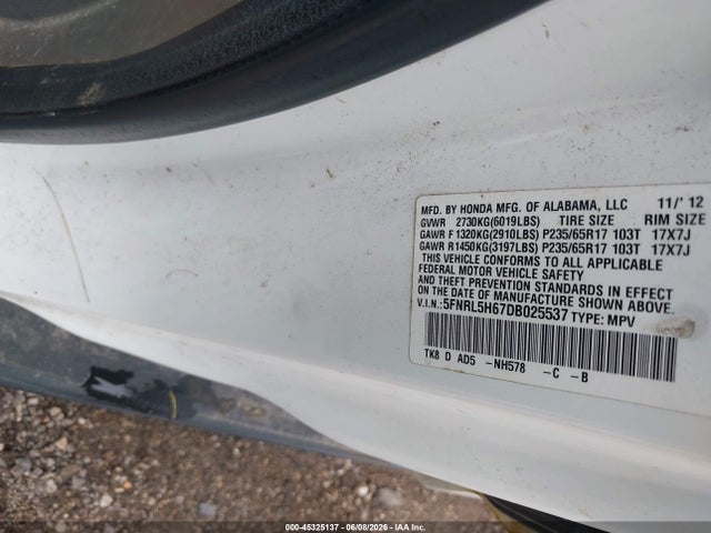 Aukcja sprzedaży 2013 Honda Odyssey Ex-l, vin: 5FNRL5H67DB025537, numer aukcji: 45325137