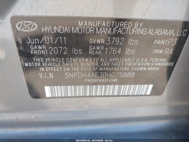 Aukcja sprzedaży 2011 Hyundai Elantra Limited, vin: 5NPDH4AE3BH075888, numer aukcji: 45325142