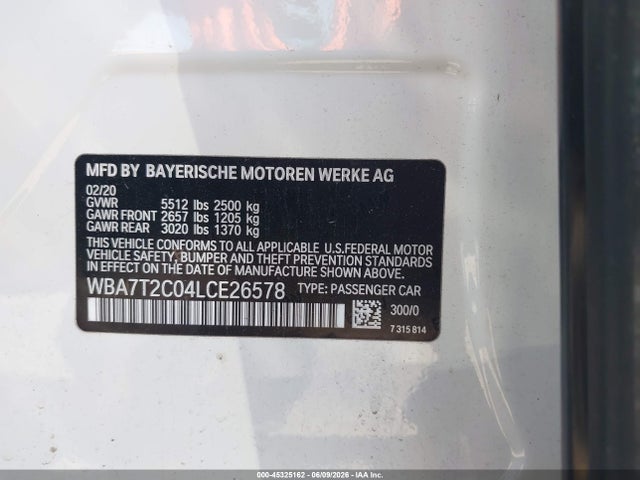 Продаж на аукціоні авто 2020 Bmw 740i, vin: WBA7T2C04LCE26578, номер лоту: 45325162
