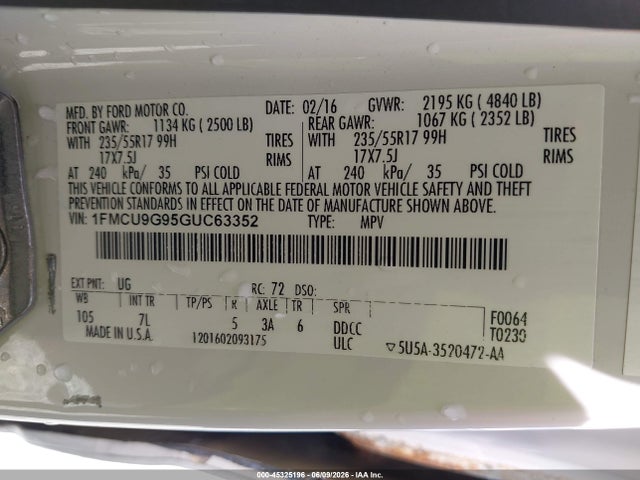 Ford ESCAPE SE 2016 1FMCU9G95GUC63352 Image 9
