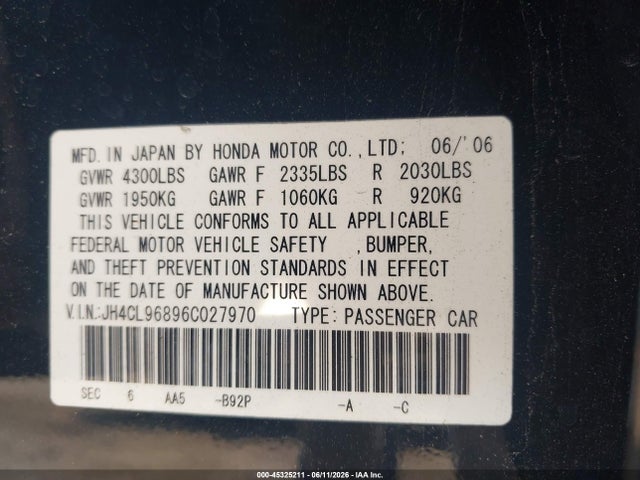 Aukcja sprzedaży 2006 Acura Tsx, vin: JH4CL96896C027970, numer aukcji: 45325211