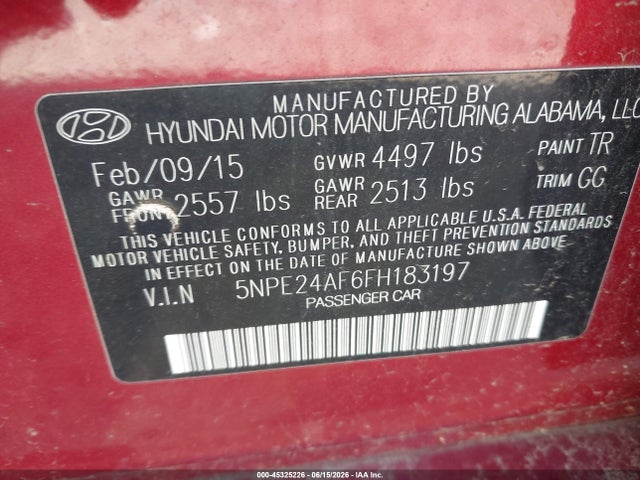 Aukcja sprzedaży 2015 Hyundai Sonata Se, vin: 5NPE24AF6FH183197, numer aukcji: 45325226