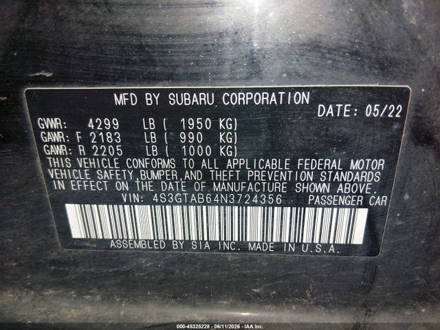 45325228 :رقم المزاد ، 4S3GTAB64N3724356 vin ، 2022 Subaru Impreza Base 5-door مزاد بيع