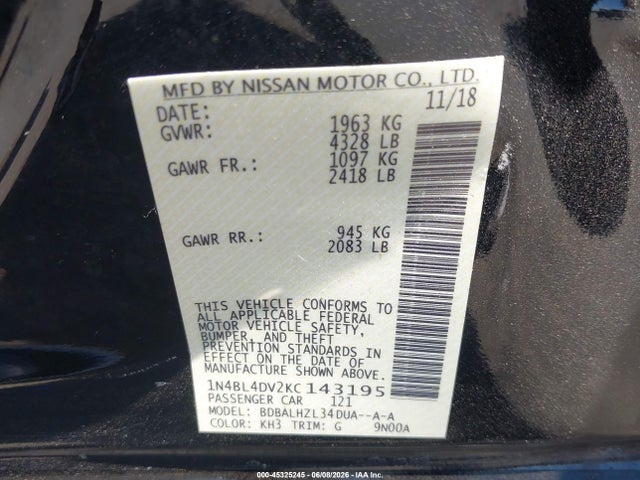 2019 Nissan Altima 2.5 Sv მანქანა იყიდება აუქციონზე, vin: 1N4BL4DV2KC143195, აუქციონის ნომერი: 45325245