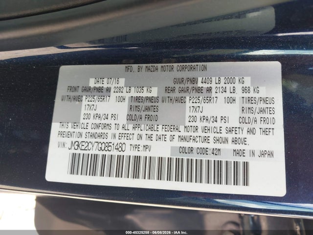 45325258 :رقم المزاد ، JM3KE2CY7G0851480 vin ، 2016 Mazda Cx-5 Touring مزاد بيع