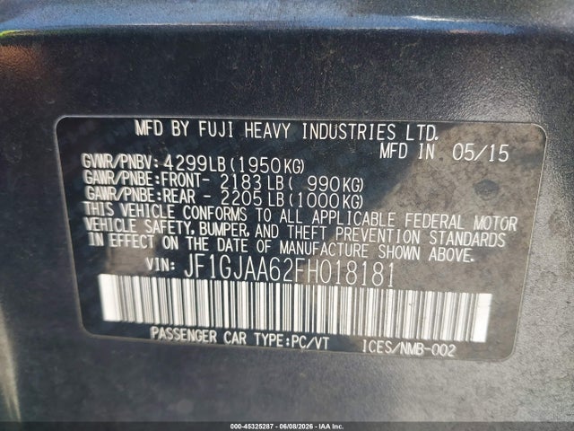 45325287 :رقم المزاد ، JF1GJAA62FH018181 vin ، 2015 Subaru Impreza 2.0i مزاد بيع