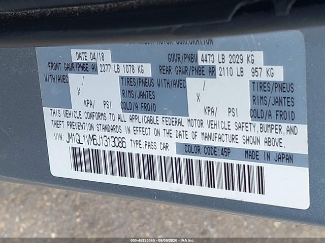 Aukcja sprzedaży 2018 Mazda Mazda6 Touring, vin: JM1GL1VM6J1313086, numer aukcji: 45325345