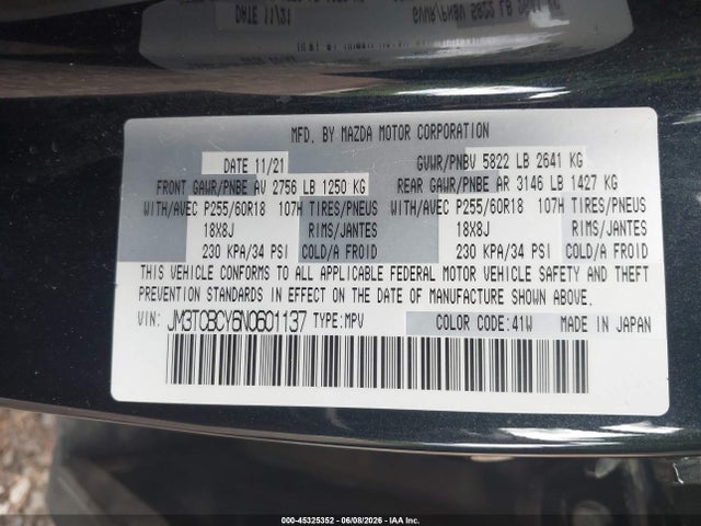 Aukcja sprzedaży 2022 Mazda Cx-9 Touring, vin: JM3TCBCY6N0601137, numer aukcji: 45325352