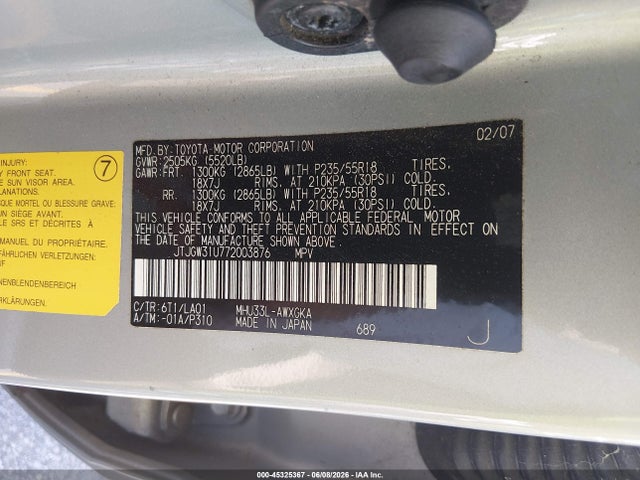 Aukcja sprzedaży 2007 Lexus Rx 400h, vin: JTJGW31U772003876, numer aukcji: 45325367