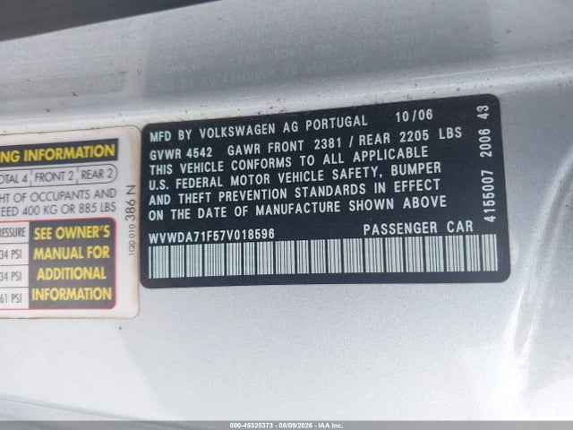 Aukcja sprzedaży 2007 Volkswagen Eos 2.0t, vin: WVWDA71F57V018596, numer aukcji: 45325373