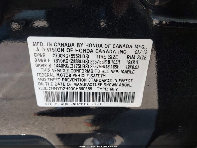 Aukcja sprzedaży 2012 Acura Mdx Technology Package, vin: 2HNYD2H40CH550285, numer aukcji: 45325380
