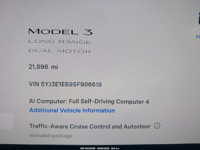 45325390 :رقم المزاد ، 5YJ3E1EB9SF906618 vin ، 2025 Tesla Model 3 Long Range All-wheel Drive مزاد بيع