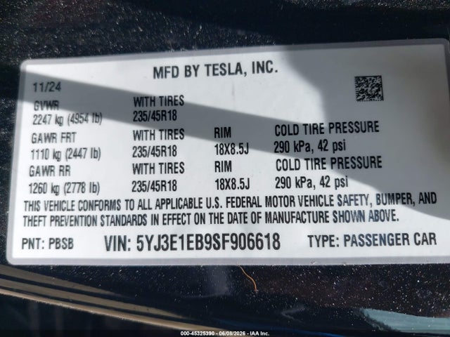 45325390 :رقم المزاد ، 5YJ3E1EB9SF906618 vin ، 2025 Tesla Model 3 Long Range All-wheel Drive مزاد بيع