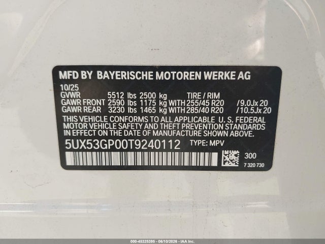 Aukcja sprzedaży 2026 Bmw X3 30 Xdrive, vin: 5UX53GP00T9240112, numer aukcji: 45325395