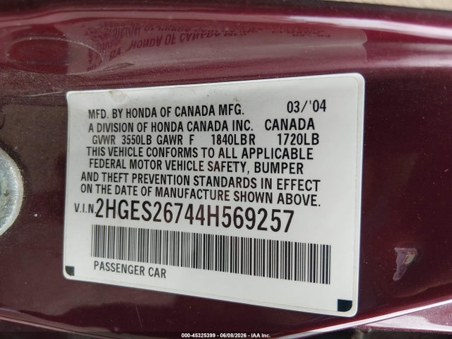 Продажа на аукционе авто 2004 Honda Civic Ex, vin: 2HGES26744H569257, номер лота: 45325399