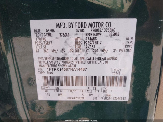 Aukcja sprzedaży 2007 Ford F-150 Fx4/lariat/xl/xlt, vin: 1FTPX14587NA14487, numer aukcji: 45325402