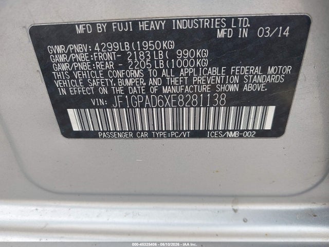 2014 Subaru Impreza 2.0i Premium მანქანა იყიდება აუქციონზე, vin: JF1GPAD6XE8281138, აუქციონის ნომერი: 45325406