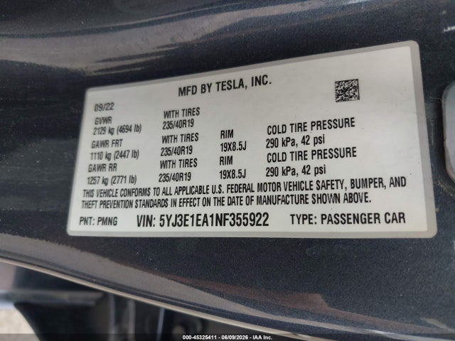 Tesla Model 3 Rear-wheel Drive 2022 5YJ3E1EA1NF355922 Image 9