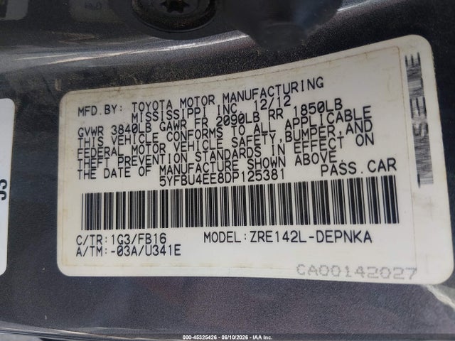 2013 Toyota Corolla Le მანქანა იყიდება აუქციონზე, vin: 5YFBU4EE8DP125381, აუქციონის ნომერი: 45325426
