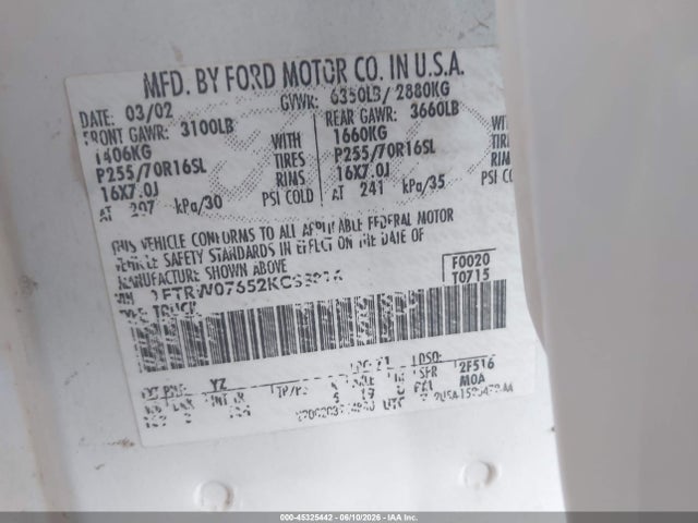 Продаж на аукціоні авто 2002 Ford F-150 Lariat/xlt, vin: 1FTRW07652KC88816, номер лоту: 45325442
