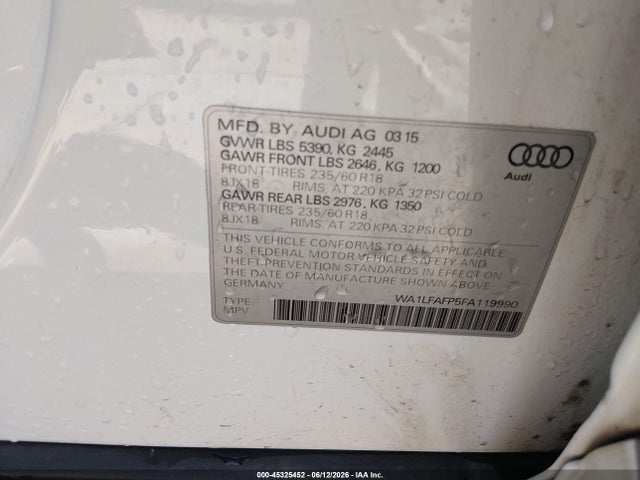 Aukcja sprzedaży 2015 Audi Q5 2.0t Premium, vin: WA1LFAFP5FA119990, numer aukcji: 45325452