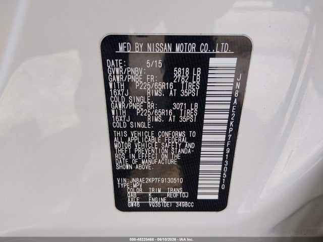 Продажа на аукционе авто 2015 Nissan Quest Platinum/s/sl/sv, vin: JN8AE2KP7F9130510, номер лота: 45325468