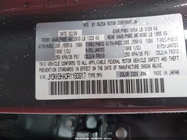 Aukcja sprzedaży 2024 Mazda Cx-90 Phev Preferred, vin: JM3KKBHA3R1160917, numer aukcji: 45325488