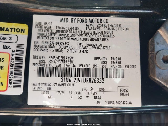 45325498 :رقم المزاد ، 3LN6L2J91DR826352 vin ، 2013 Lincoln Mkz مزاد بيع