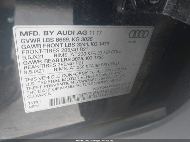 45325503 :رقم المزاد ، WA1VAAF7XJD025618 vin ، 2018 Audi Q7 3.0t Premium مزاد بيع