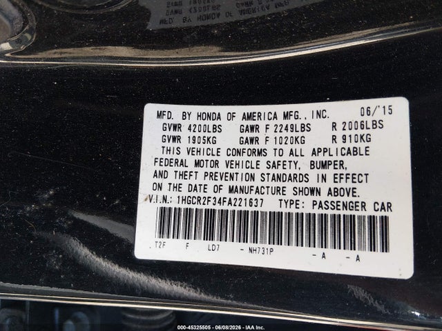 Honda ACCORD LX 2015 1HGCR2F34FA221637 Image 9