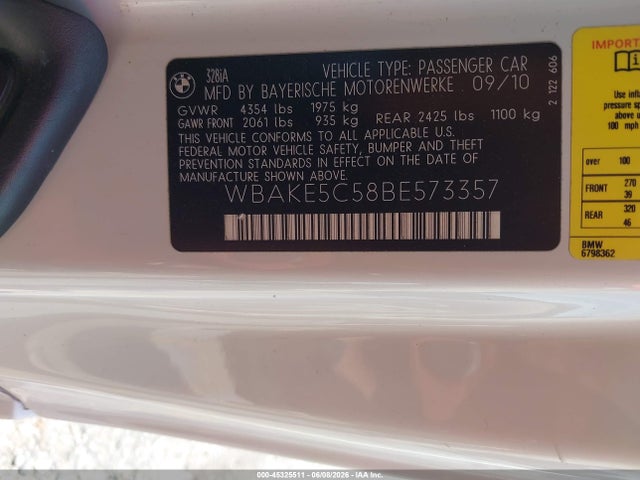 45325511 :رقم المزاد ، WBAKE5C58BE573357 vin ، 2011 Bmw 328i مزاد بيع