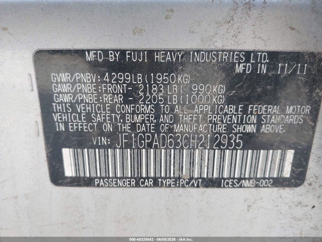 2012 Subaru Impreza 2.0i Premium მანქანა იყიდება აუქციონზე, vin: JF1GPAD63CH212935, აუქციონის ნომერი: 45325542