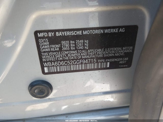 Продажа на аукционе авто 2016 Bmw 650i Gran Coupe Xdrive, vin: WBA6D6C52GGF94715, номер лота: 45325559