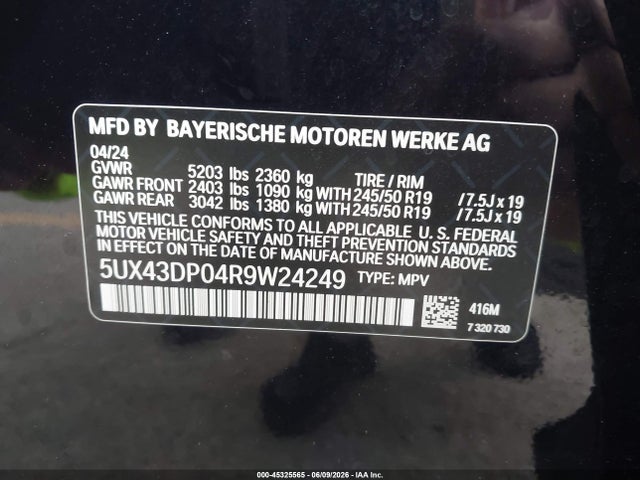 45325565 :رقم المزاد ، 5UX43DP04R9W24249 vin ، 2024 Bmw X3 Sdrive30i مزاد بيع