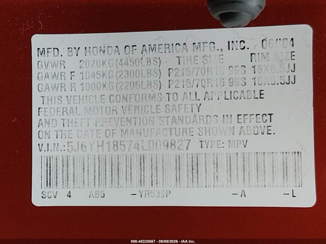 45325567 :رقم المزاد ، 5J6YH18574L009827 vin ، 2004 Honda Element Ex مزاد بيع